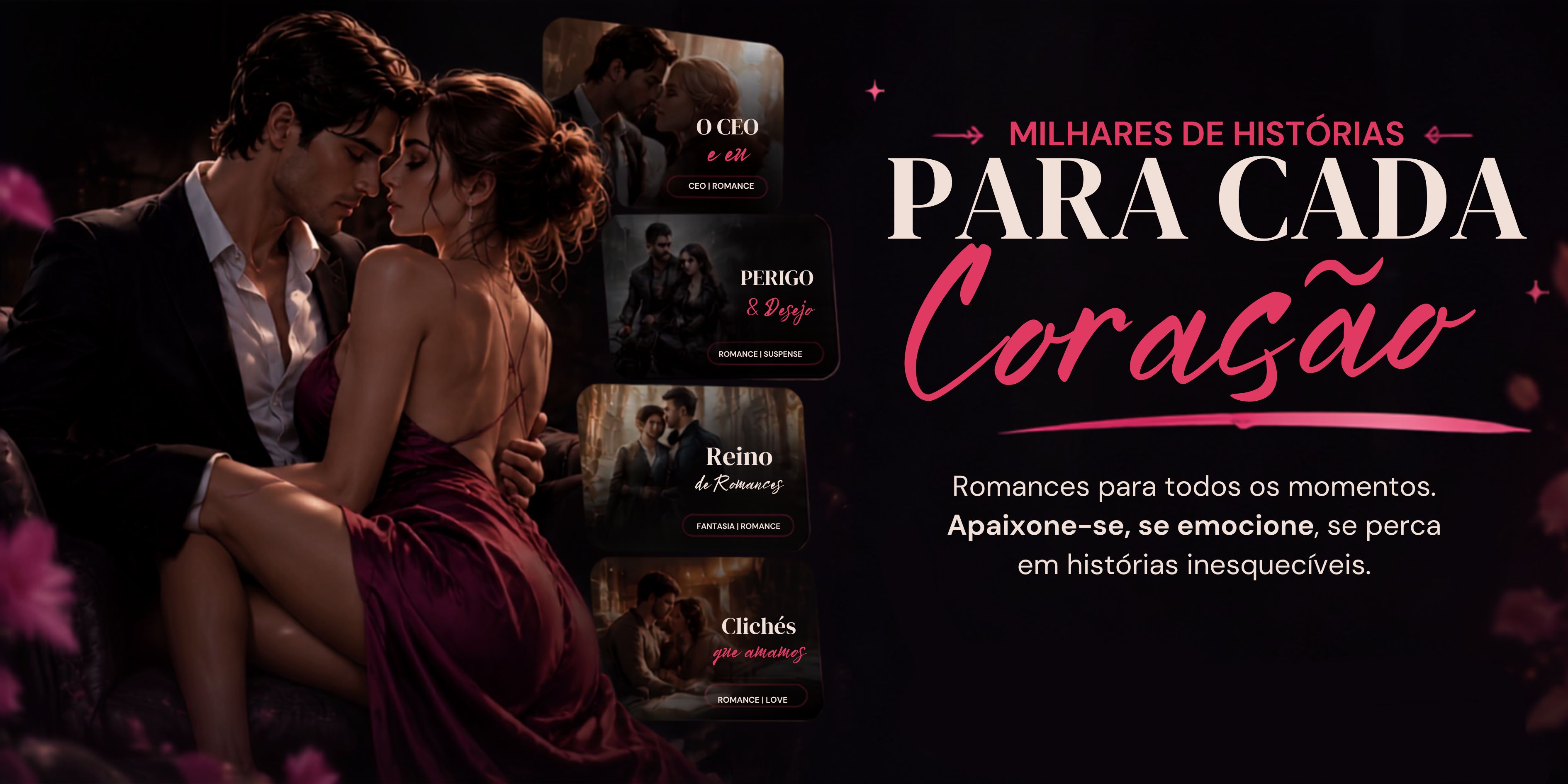 Um casal se abraça, cercado por capas de romances do Bom Romance